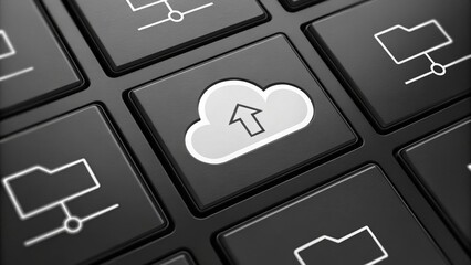 Leinwandbilder - A close-up of a keyboard featuring a highlighted cloud upload key, symbolizing cloud storage and digital data transfer.