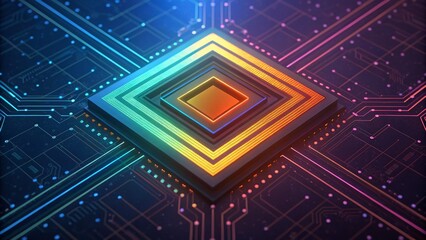 Leinwandbilder - A vibrant, abstract representation of a microchip surrounded by intricate circuit patterns, symbolizing technology and innovation.