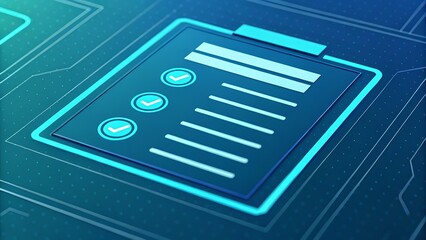 Leinwandbilder - A digital checklist icon featuring a clipboard with checkmarks and lines, set against a modern, tech-inspired background.