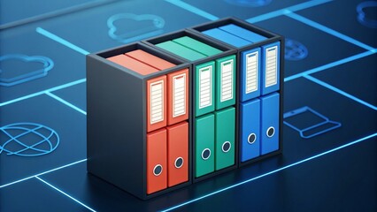 Fototapete - A collection of colorful file folders arranged neatly, symbolizing organization and data management in a digital workspace.