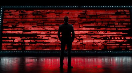 Wall Mural - cybersecurity expert analyzing a massive stream of red code data on a large digital screen