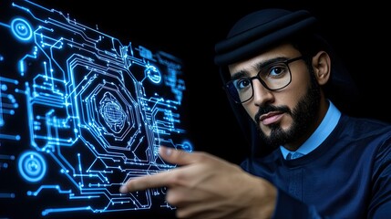 Wall Mural - arab man interacting with futuristic technology interface