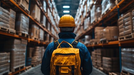 Poster - A worker in a yellow hard hat and backpack stands among tall shelves filled with packaged goods, overseeing the inventory in a bustling distribution center during daylight hours.