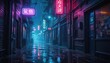 © Sanook - Neon Lamp, Rain, Alleyway, Cyberpunk, Sci Fi, Vibrant Colors, Reflections, Urban Decay, Futuristic, Dystopian, Gritty Texture,