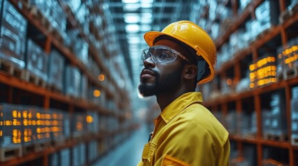 Poster - A worker wearing a hard hat and safety goggles surveys the inventory in a spacious warehouse. The environment is organized with shelves filled with materials, ready for sorting and distribution.