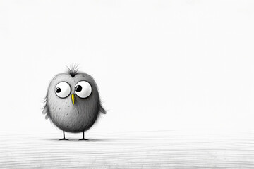 Cartoonish bird with big eyes stands on a white background