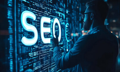 Man interacting with a digital screen displaying seo text and lines of code in a dark environment