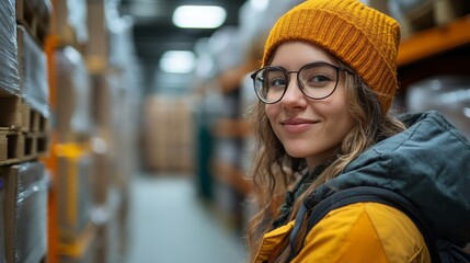 Poster - A logistics worker stands among rows of shelves stacked with cargo and packages in a large warehouse, smiling and ready to take on inventory tasks.