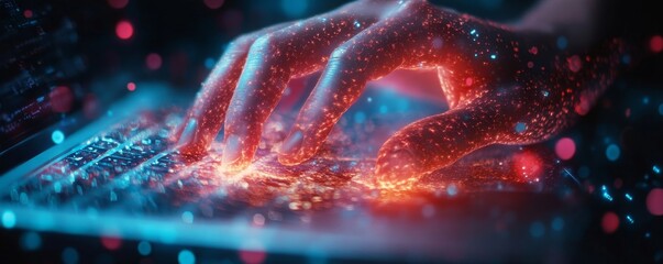 A glowing hand interacting with a keyboard with red and blue light effects in a dark environment