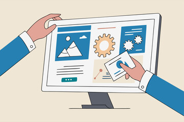 Build website with template customization, SEO optimization for search result, develop app or wireframe, customizable software development concept, hands help building website on computer screen.