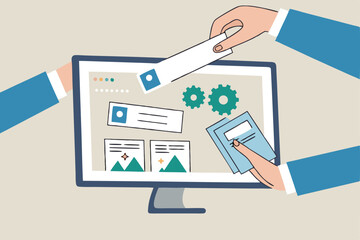 Build website with template customization, SEO optimization for search result, develop app or wireframe, customizable software development concept, hands help building website on computer screen.