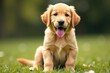 © Maneerat - Golden retriever puppy playfully sits, tongue out , animal, playful, golden retriever