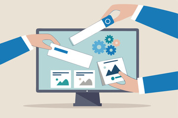 Build website with template customization, SEO optimization for search result, develop app or wireframe, customizable software development concept, hands help building website on computer screen.