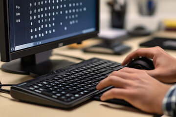 Wall Mural - close-up of a person using a keyboard and mouse to interact with braille character software displaye