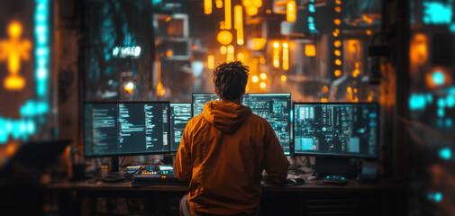 Aufkleber - A cybersecurity professional analyzes data and monitors for breaches in a futuristic workspace filled with multiple screens displaying code and metrics.