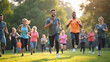 © LabioLoops - A diverse group of people energetically participating in an outdoor HIIT class in a sunny park. Focus on dynamic movement, smiles, and a sense of community.