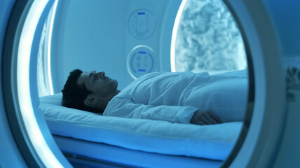 Poster - This person lies in a futuristic cryogenic chamber designed for hibernation and preservation.