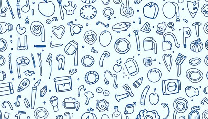 Wall Mural - subtle blue monochrome doodles form a seamless repeating pattern of abstract shapes and lines, seaml