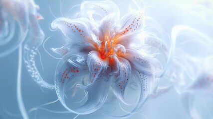 Aufkleber - Abstract animation of a flower resembling a sea creature, with elegant white shapes and orange accents. Soft and flowing shapes, creating a feeling of lightness and airiness. Abstract style