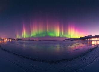 Wall Mural - vibrant northern lights illuminating frozen fjord in norway at night
