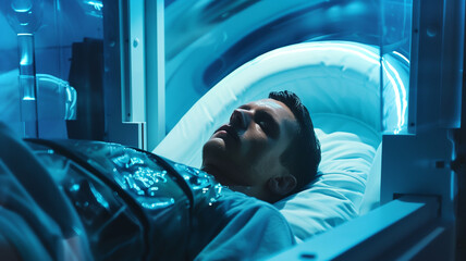 Poster - This subject lies in a futuristic cryonics chamber designed for hibernation and preservation.