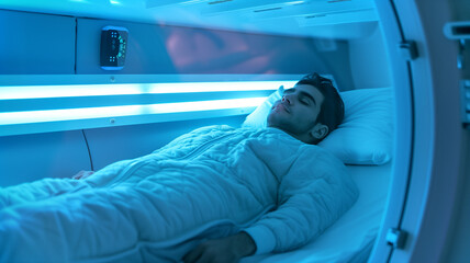Poster - This young person lies in a cryonic chamber, using advanced hibernation for space travel.