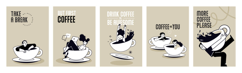 Fototapete - Take a break. Set of vector illustrations of people enjoying free time, drinking coffee, daily routine for social media banners, posters, marketing material, restaurants and coffee bars ads.