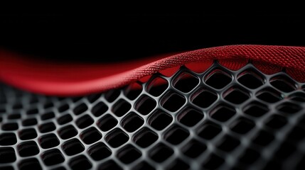 Abstract Mesh and Red Fabric Texture Against Black Background, Close Up, Modern Design
