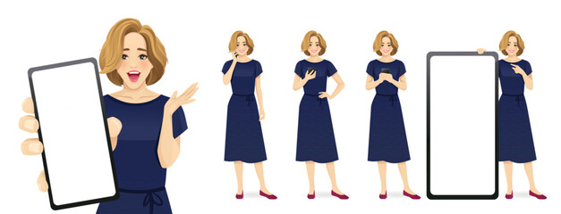 Beautiful business blond woman wearing formal outfit holding mobile phone, talking, texting, thinking and showing empty screen. Isolated vector illustration set