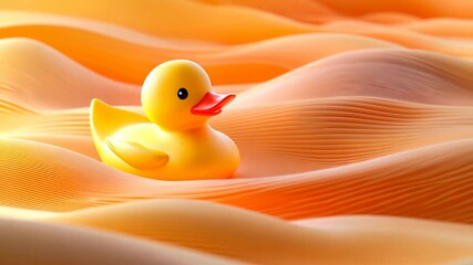 Poster - Yellow rubber duck floating on smooth orange abstract waves, 3d rendering art
