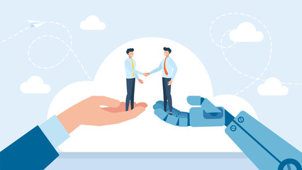Men shaking hands. Reaching a deal. AI helps in business. Business technology and the future, technology cooperation and win win. Vector illustration