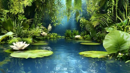 Wall Mural - Lush Green Oasis with Water Lilies and Sunlight Reflection in a Tranquil Pond