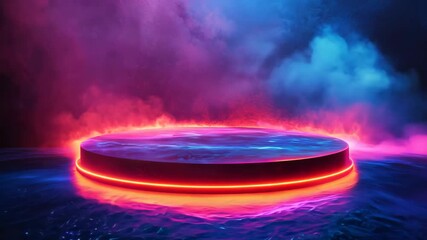 Fototapete - Glowing neon-lit circular stage with vibrant mist in a mystical atmosphere