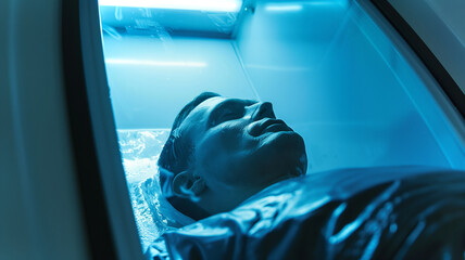 Poster - This person in cryosleep rests in a high-tech chamber demonstrating advanced preservation.