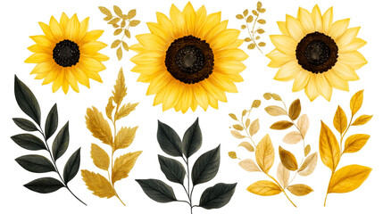 Wall Mural - Sunflowers and foliage, botanical illustration on black, cut out transparent