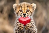 Cute cheetah baby with diamond red heart on in a natural habitat. Promotion animal visual design. Cheetah - my treasured animal. Romantic nature-inspired greeting. Cute nature love.