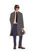 © Creative_Juice_Art - Stylish young man wearing autumn street fashion vintage outfit. Business man in smart casual office clothes, sunglasses, holding hand bag. Vector realistic illustration isolated