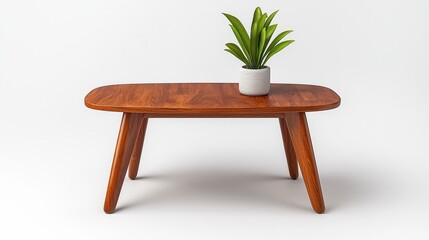 Wall Mural - Cute small wooden table with a green plant on top displayed in a realistic high-quality isolated scene