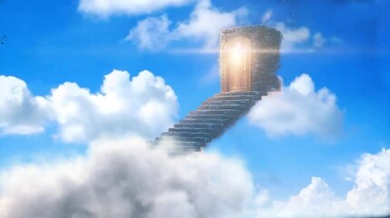Wall Mural - Stairway to glowing doorway in the sky above clouds with bright blue background. Seamless looping video animation background