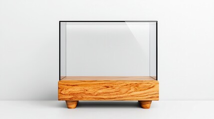 Wall Mural - Realistic photo of a wooden stand featuring a glass display case perfect for showcasing items in high quality isolated view