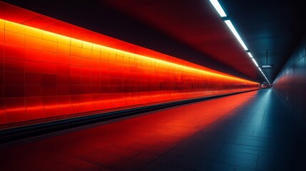 Aufkleber - A sleek subway tunnel features bright red lighting illuminating the track, highlighting contemporary infrastructure designed for efficient urban transit during peak hours.