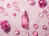 rose water bottle floating with pink flowers, ripples on pastel background, top-down view