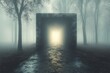 © nurman - Mysterious stone gateway in a foggy forest, leading to a bright light; surreal, ethereal atmosphere; dark trees, moody ambiance.