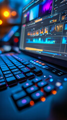 A close up shot of a keyboard and monitory displaying video editing software generative ai 