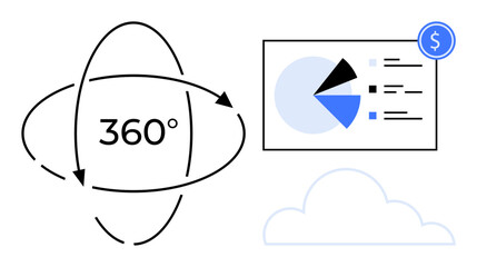 360 rotation symbol, pie chart with financial data points, and cloud graphic. ideal for data managem