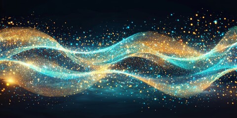 Wall Mural - abstract wavy flowing light particles background with glowing turquoise and yellow accents