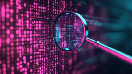 magnifying glass over binary code with neon pink and blue colors