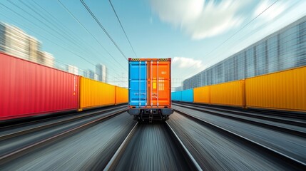 Aufkleber - A freight train moves swiftly along tracks lined with vibrant cargo containers. The urban skyline looms in the background under a clear blue sky, showcasing efficient transportation and logistics.