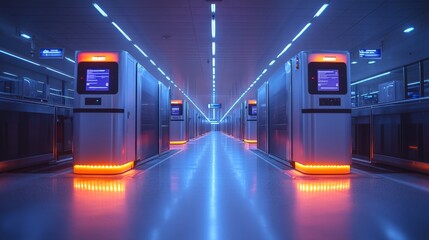 Leinwandbilder - A high tech transportation checkpoint features automated inspection booths lined with glowing blue and orange lights. Surveillance equipment enhances security and mobility efficiency.