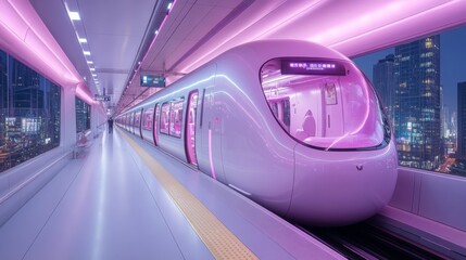 Poster - A sleek subway train waits at a colorful transit station illuminated by vibrant lighting. The station features high tech design elements and modern infrastructure, catering to commuters.
